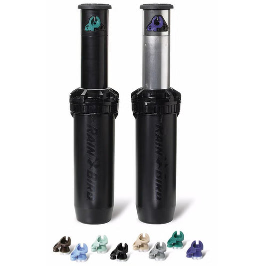 Two black Falcon 6504 rain bird sprinkler heads with additional nozzles on a white background