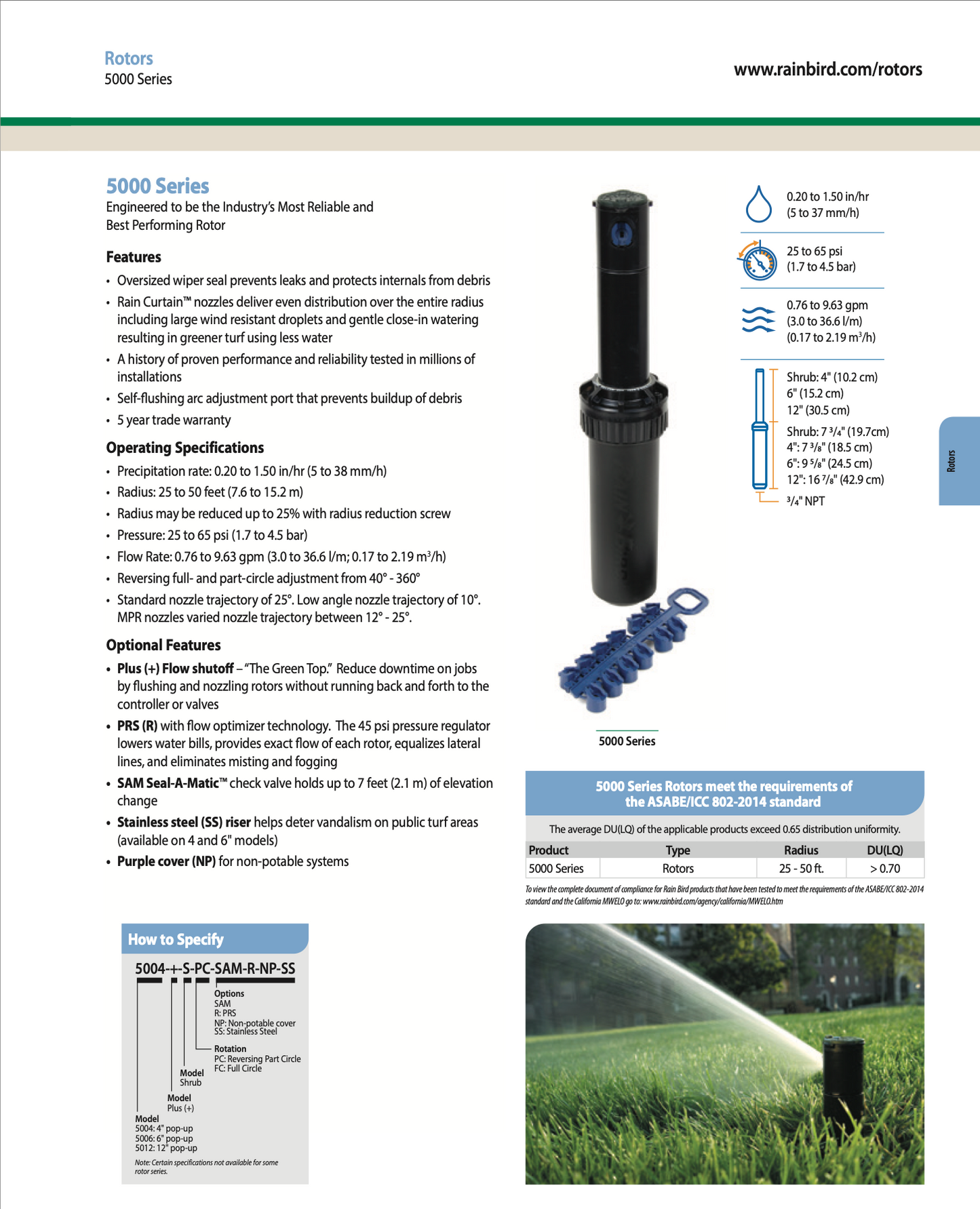 Rainbird 5000 Series sprinkler rotor with specifications and features on a white background