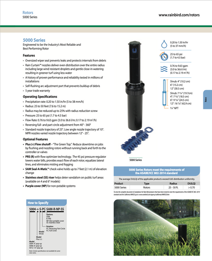 Rainbird 5000 Series sprinkler rotor with specifications and features on a white background