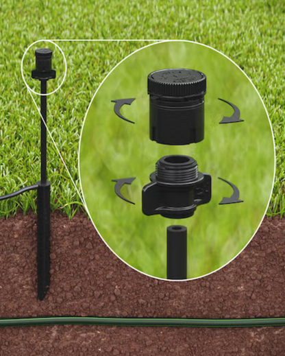 Garden irrigation system Rainbird SQ Series Square Pattern Nozzles with a close-up of the sprinkler head on grass.