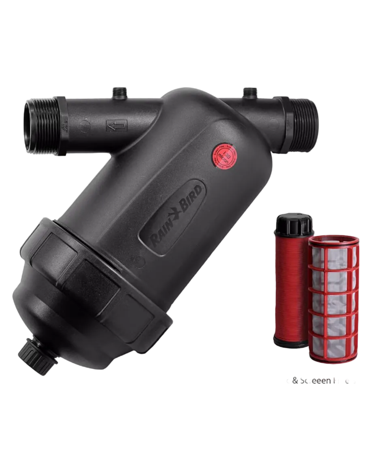 Black Rainbird irrigation filter with disc and screen filters on a white background