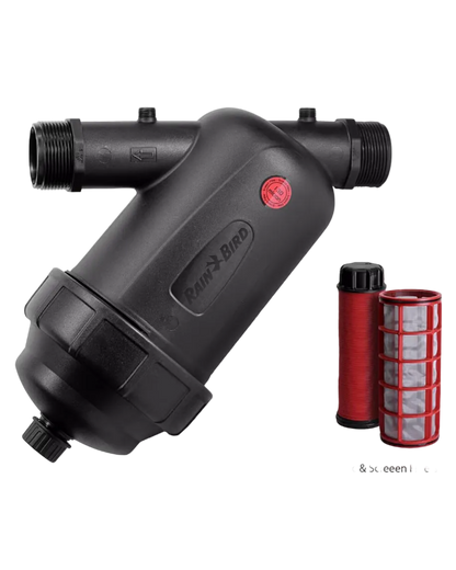 Black Rainbird irrigation filter with disc and screen filters on a white background