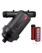 Black Rainbird irrigation filter with disc and screen filters on a white background
