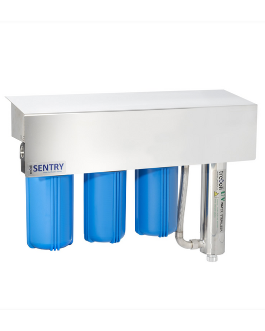 Sentry water filter system with three blue filter cartridges and a stainless steel housing on a white background.