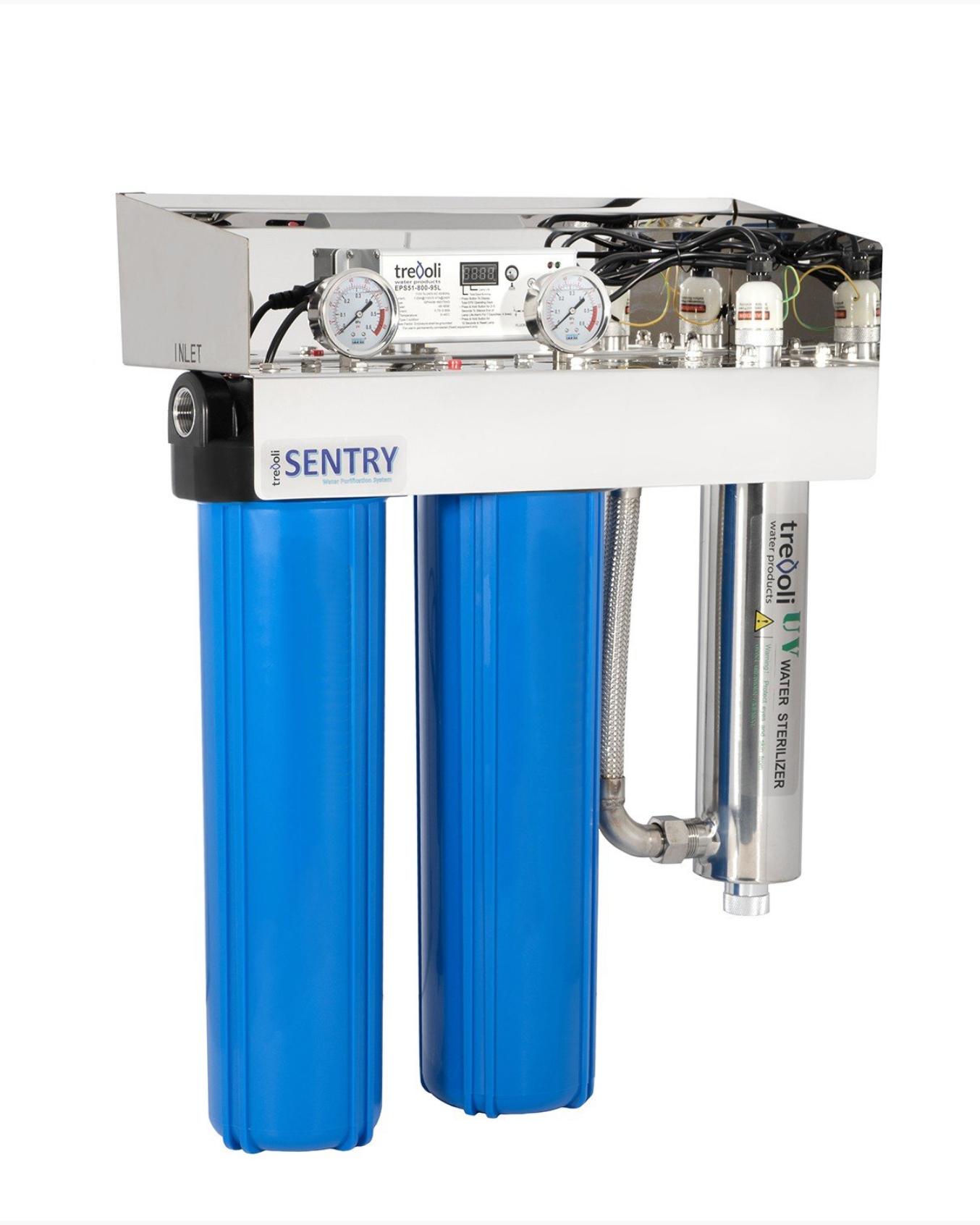 Sentry water filter system with two blue filter canisters, and ballast unit