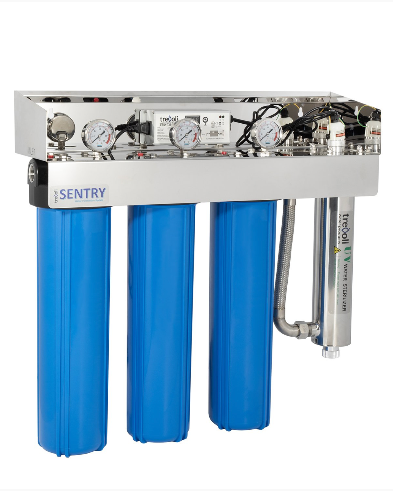 A Sentry 203 UV water filtration system with three blue filter cartridges
