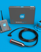 Smart Water SW900 Desk Mount Starter Kit with a gray control box, gray wireless controller, blue dome-shaped water level sensor, black cable, and metal probe with red end cap on a blue background.