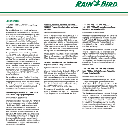 Specifications page of Rain Bird sprinkler 1800 Series models 