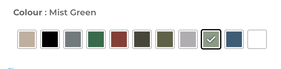 Color swatch selection with 'Mist Green' highlighted