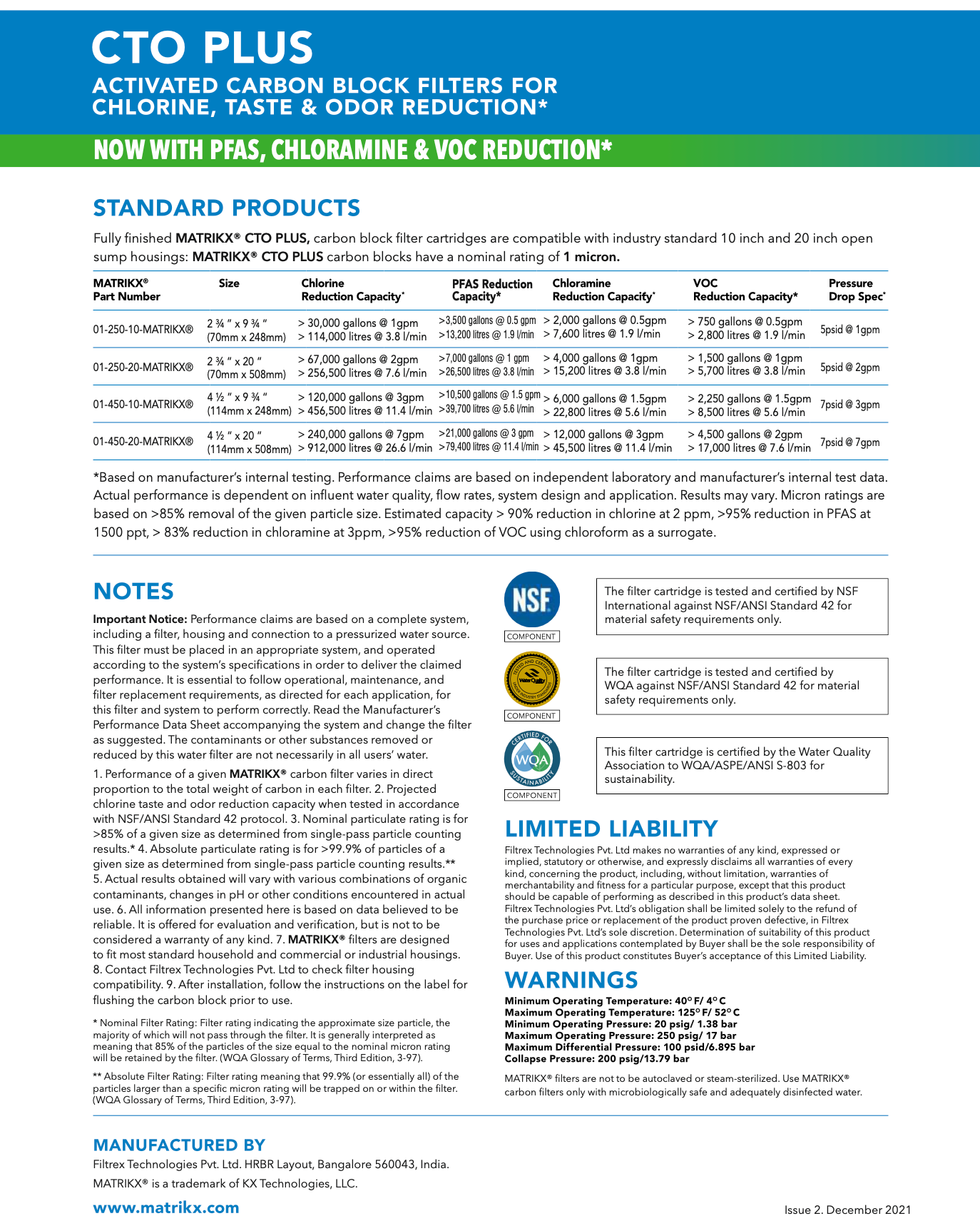 Technical datasheet for Matrikx CTO Plus activated carbon block filters with product details and certifications.