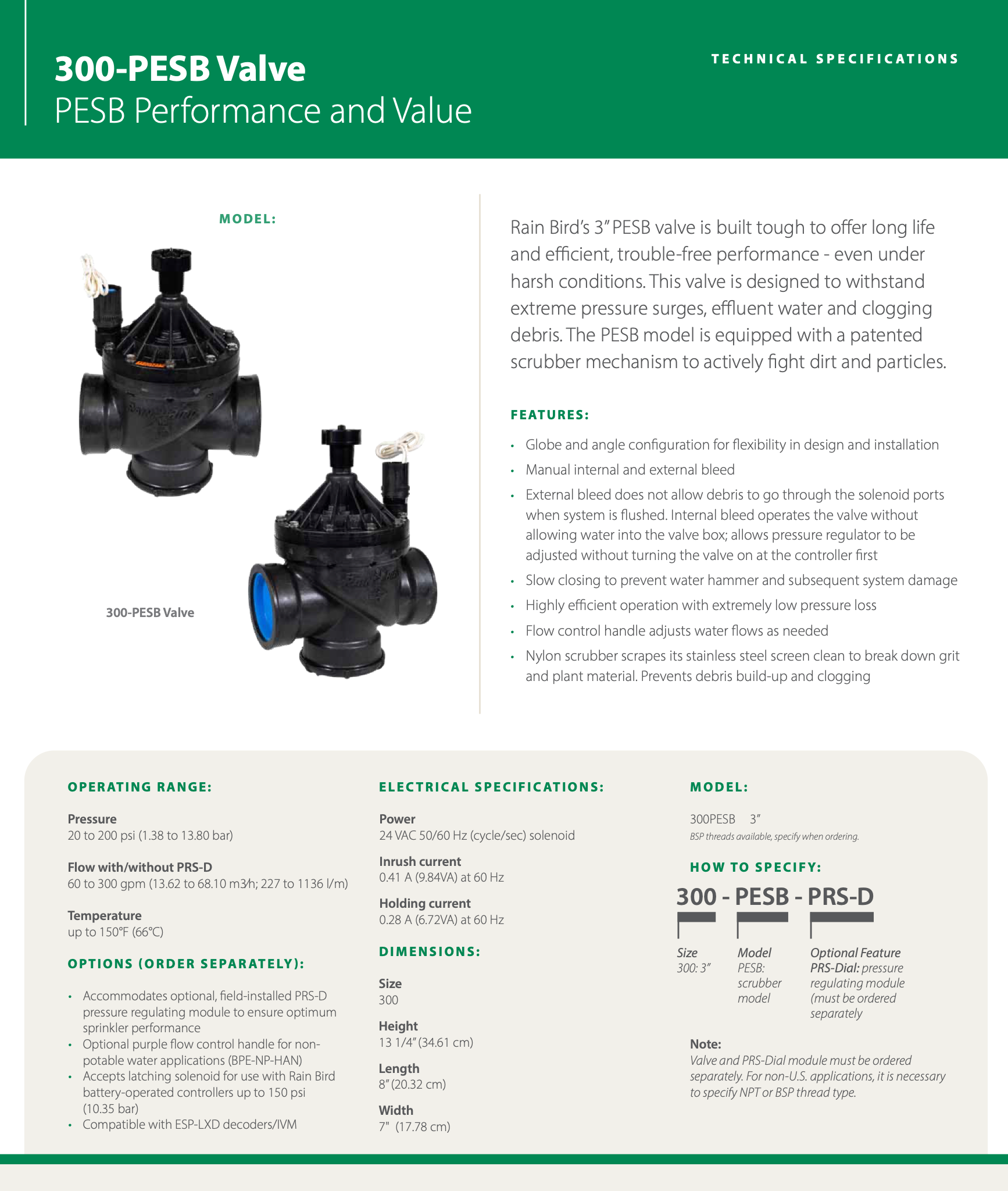 Technical specifications of a PEB Valve for Rain Bird system.