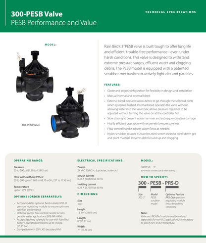 Technical specifications of a PEB Valve for Rain Bird system.