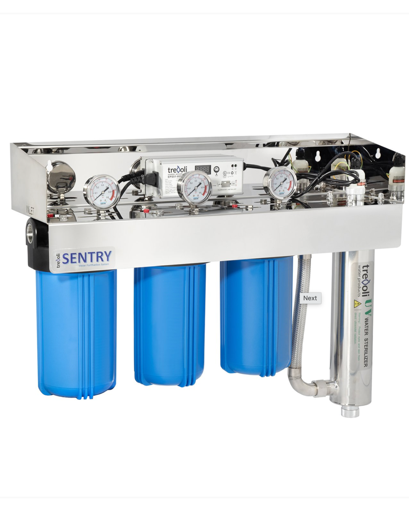 Sentry water filter system with three blue filter cartridges showing Ballast Unit