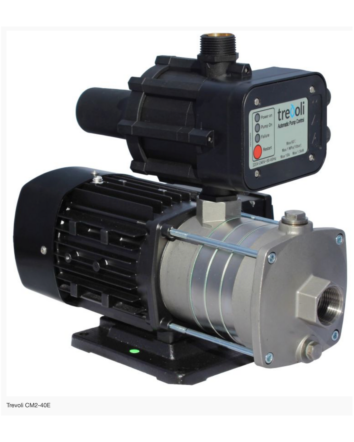 Trevoli CM2-40E electric pump with a black motor and control box mounted on a silver metal cylinder, shown on a white background.