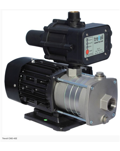 Trevoli CM2-40E electric pump with a black motor and control box mounted on a silver metal cylinder, shown on a white background.