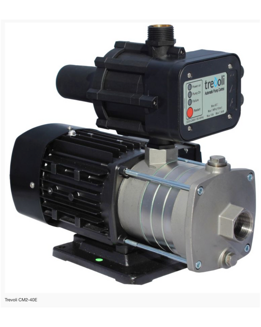 Trevoli CM2-40E electric pump with a black motor and control box mounted on a silver metal cylinder, shown on a white background.