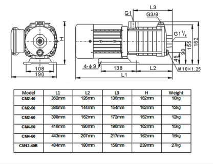 Trevoli CM Series Multi Stage Pump Dimensions 