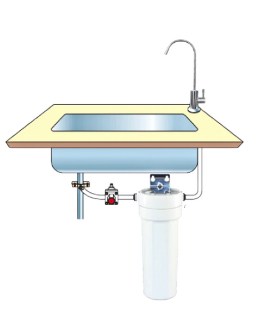 Illustrative undersink water filter installation showing housing, mounting bracket, dedicated tap and water connection