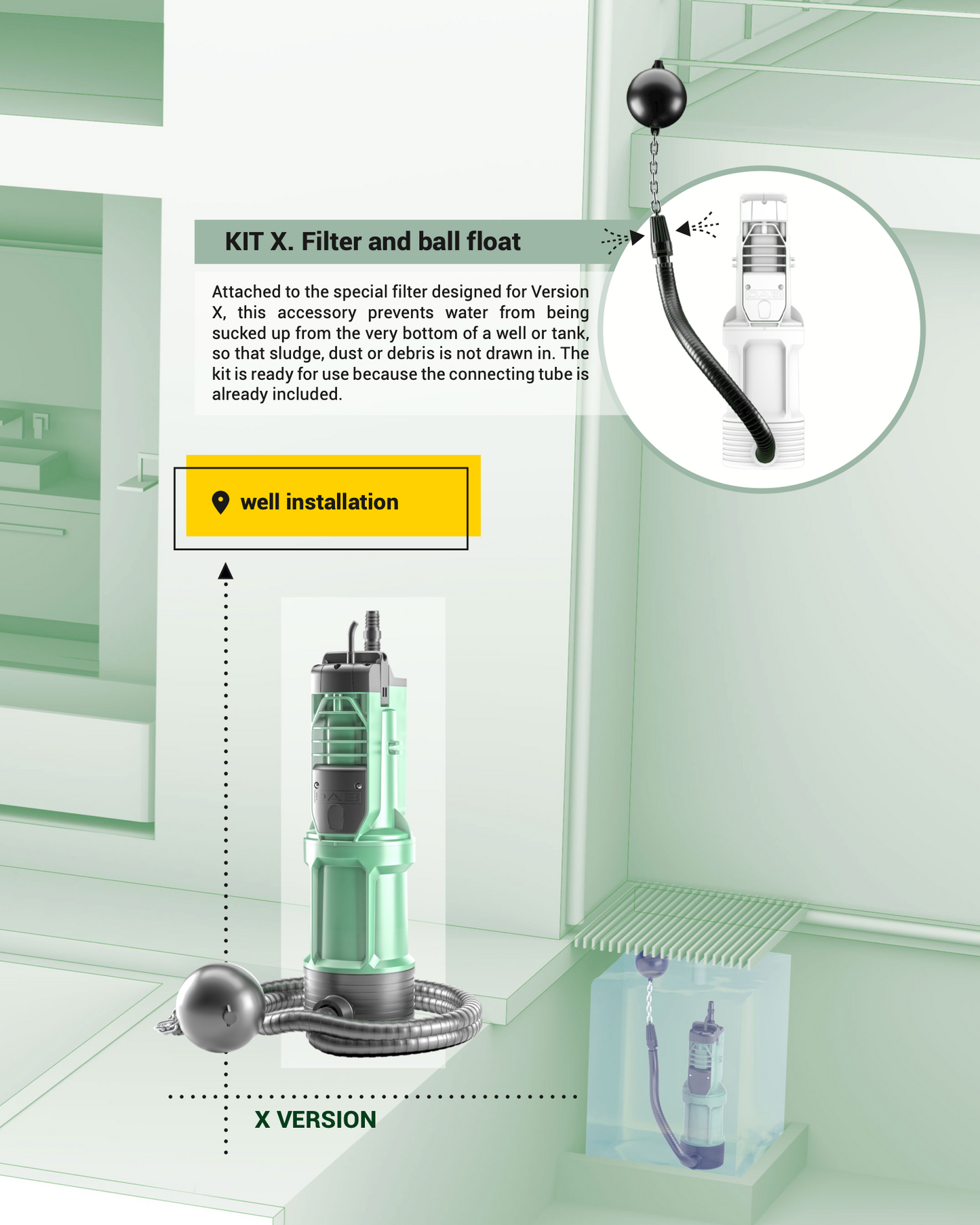 Divertron Pump with ball float assembly on a white background - X version