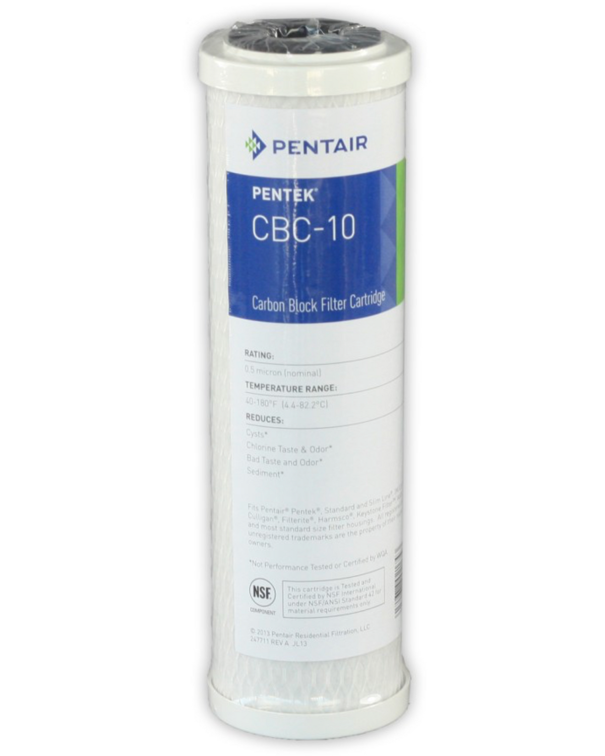A Pentair Pentek CBC-10 Carbon Block Filter Cartridge, shown in its cylindrical white plastic housing with a blue and white label.