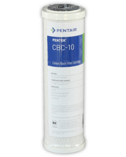 A Pentair Pentek CBC-10 Carbon Block Filter Cartridge, shown in its cylindrical white plastic housing with a blue and white label.
